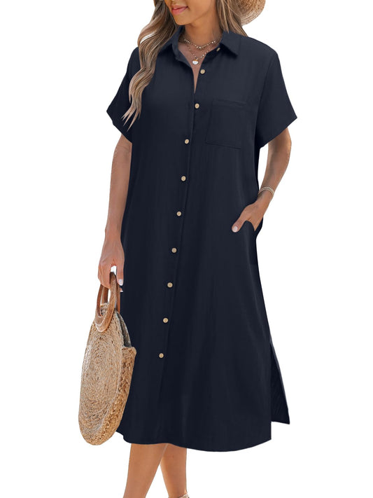 ✨KAUFE 2 – KOSTENLOSER VERSAND✨Kurzärmeliges Damen-Hemdblusenkleid mit Knopfleiste