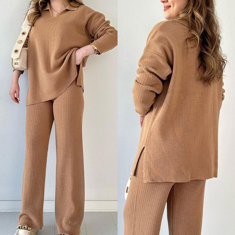 🍂Nur für kurze Zeit 50 % RABATT🍂Lässiges zweiteiliges Strickset mit V-Ausschnitt und Schlitz ✈️ Kostenloser Versand