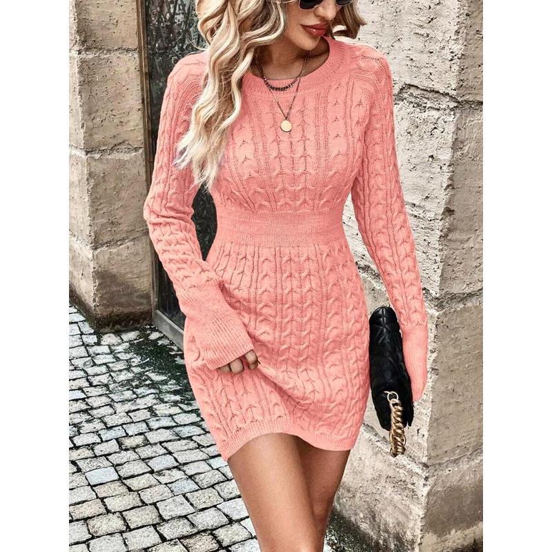 ⏰💃Last Day 50% OFF❄️🖤Women's Winter Plain Round Neck Cable Knit Bodycon Sweater Dress