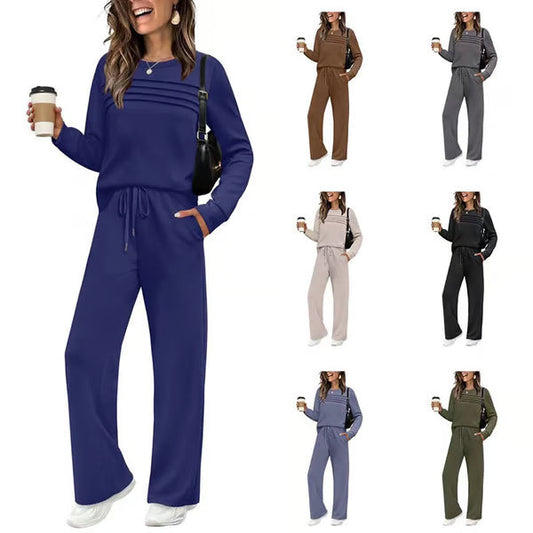 🔥LETZTER TAG – 60% RABATT👍✨Damen-Set mit Rundhals-Oberteil und Hose mit Kordelzug