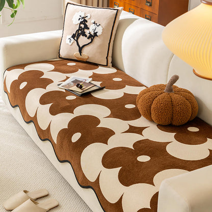 Elegante Couchhusse aus Chenille mit Blumenmuster und Wellenrand