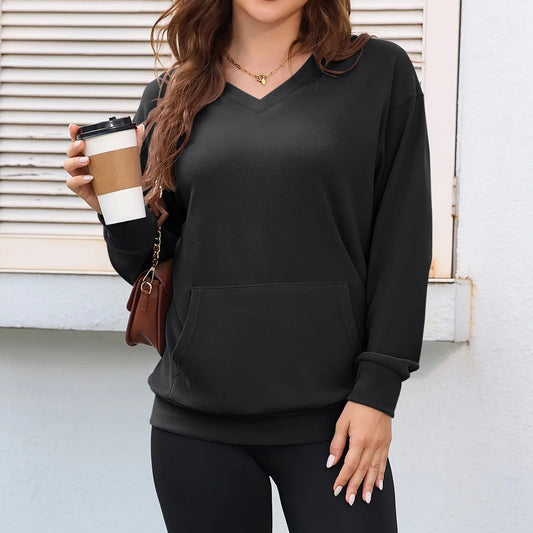 💖Herbst-Sale 2026: 70 % Rabatt✨🍂 Damen-Sweatshirt ohne Kapuze mit V-Ausschnitt, Kängurutasche und langen Ärmeln, locker geschnitten im lässigen Stil