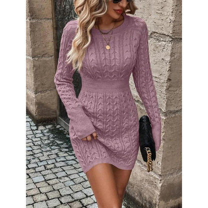 ⏰💃Last Day 50% OFF❄️🖤Women's Winter Plain Round Neck Cable Knit Bodycon Sweater Dress