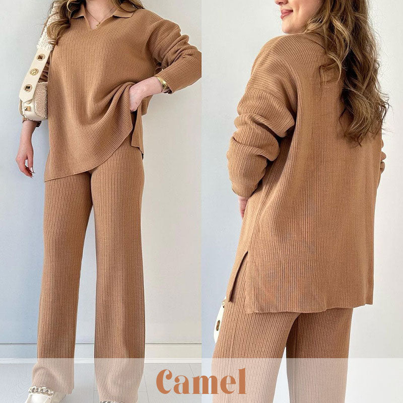 🍂Nur für kurze Zeit 50 % RABATT🍂Lässiges zweiteiliges Strickset mit V-Ausschnitt und Schlitz ✈️ Kostenloser Versand